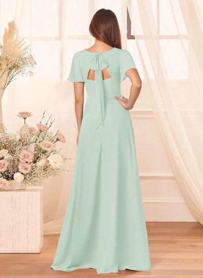 Classic V-Neck Short Sleeves Bow(s) A-Line Floor-Length Chiffon Bridesmaid Dresses With High Split
