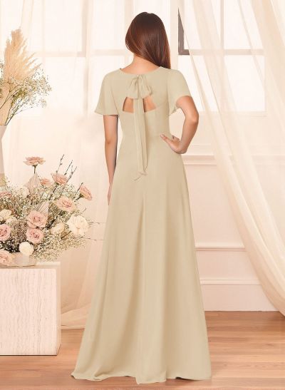Classic V-Neck Short Sleeves Bow(s) A-Line Floor-Length Chiffon Bridesmaid Dresses With High Split