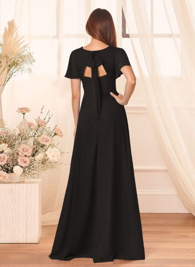 Classic V-Neck Short Sleeves Bow(s) A-Line Floor-Length Chiffon Bridesmaid Dresses With High Split