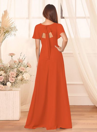 Classic V-Neck Short Sleeves Bow(s) A-Line Floor-Length Chiffon Bridesmaid Dresses With High Split
