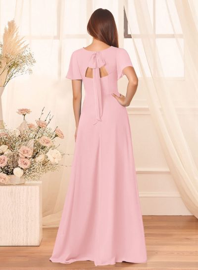 Classic V-Neck Short Sleeves Bow(s) A-Line Floor-Length Chiffon Bridesmaid Dresses With High Split