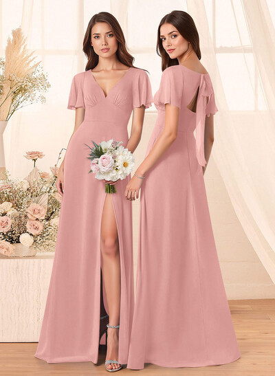 Classic V-Neck Short Sleeves Bow(s) A-Line Floor-Length Chiffon Bridesmaid Dresses With High Split