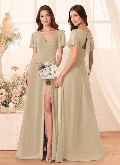 Classic V-Neck Short Sleeves Bow(s) A-Line Floor-Length Chiffon Bridesmaid Dresses With High Split