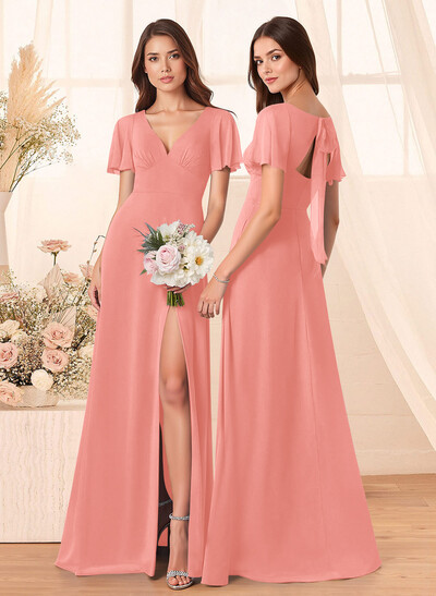 Classic V-Neck Short Sleeves Bow(s) A-Line Floor-Length Chiffon Bridesmaid Dresses With High Split