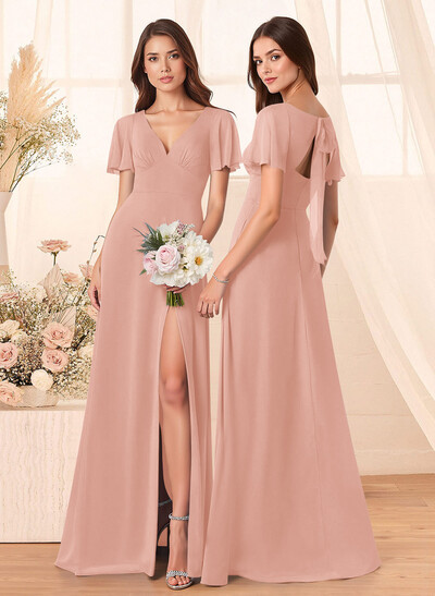 Classic V-Neck Short Sleeves Bow(s) A-Line Floor-Length Chiffon Bridesmaid Dresses With High Split