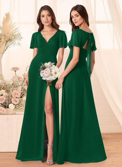 Classic V-Neck Short Sleeves Bow(s) A-Line Floor-Length Chiffon Bridesmaid Dresses With High Split