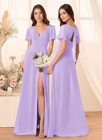 Classic V-Neck Short Sleeves Bow(s) A-Line Floor-Length Chiffon Bridesmaid Dresses With High Split
