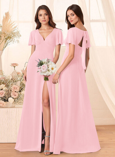 Classic V-Neck Short Sleeves Bow(s) A-Line Floor-Length Chiffon Bridesmaid Dresses With High Split