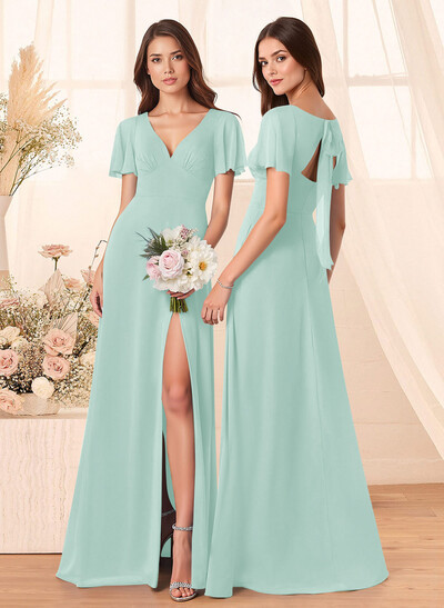 Classic V-Neck Short Sleeves Bow(s) A-Line Floor-Length Chiffon Bridesmaid Dresses With High Split