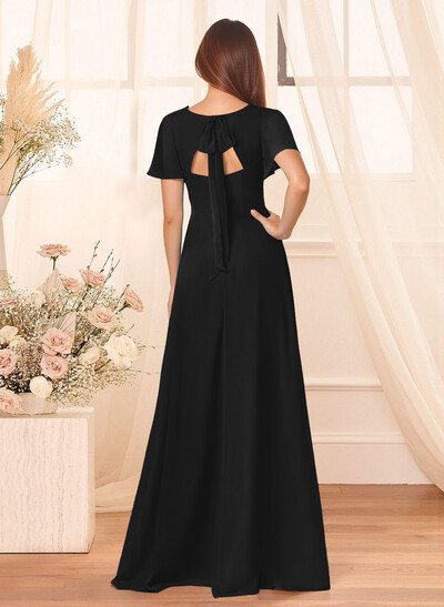 Classic V-Neck Short Sleeves Bow(s) A-Line Floor-Length Chiffon Bridesmaid Dresses With High Split