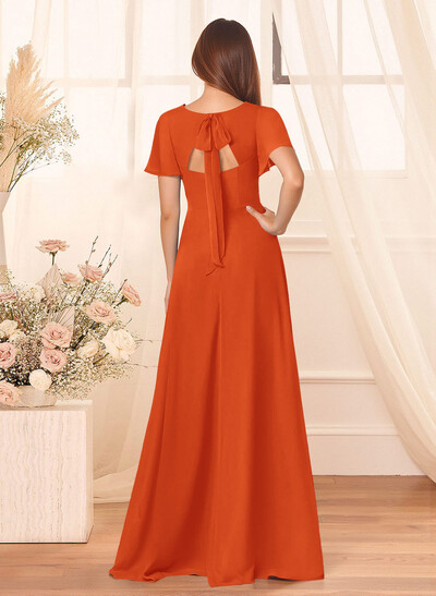 Classic V-Neck Short Sleeves Bow(s) A-Line Floor-Length Chiffon Bridesmaid Dresses With High Split