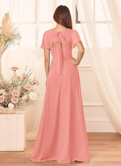 Classic V-Neck Short Sleeves Bow(s) A-Line Floor-Length Chiffon Bridesmaid Dresses With High Split