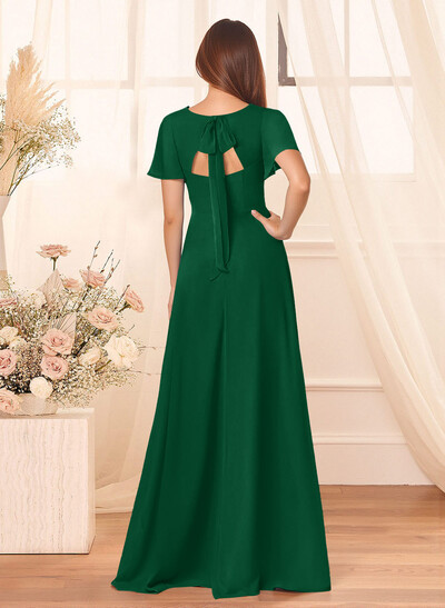 Classic V-Neck Short Sleeves Bow(s) A-Line Floor-Length Chiffon Bridesmaid Dresses With High Split