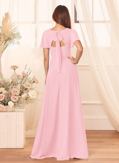 Classic V-Neck Short Sleeves Bow(s) A-Line Floor-Length Chiffon Bridesmaid Dresses With High Split