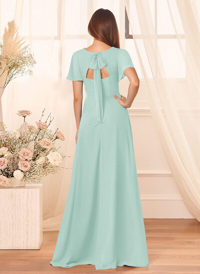 Classic V-Neck Short Sleeves Bow(s) A-Line Floor-Length Chiffon Bridesmaid Dresses With High Split