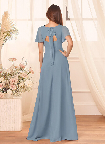 Classic V-Neck Short Sleeves Bow(s) A-Line Floor-Length Chiffon Bridesmaid Dresses With High Split