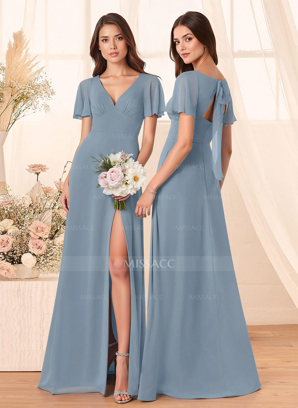 Classic V-Neck Short Sleeves Bow(s) A-Line Floor-Length Chiffon Bridesmaid Dresses With High Split