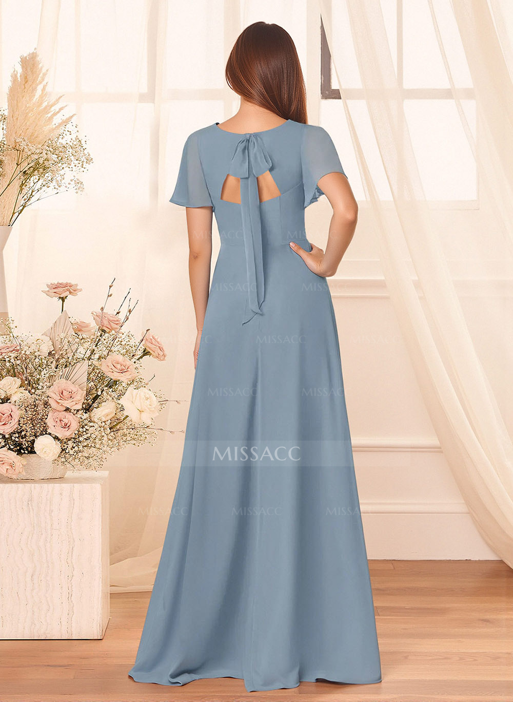 Classic V-Neck Short Sleeves Bow(s) A-Line Floor-Length Chiffon Bridesmaid Dresses With High Split