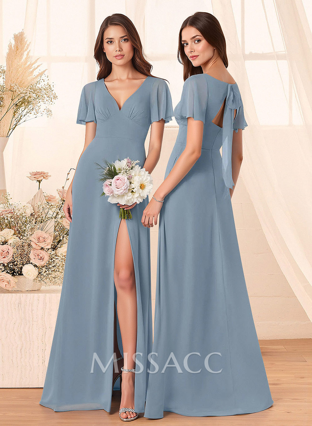 Classic V-Neck Short Sleeves Bow(s) A-Line Floor-Length Chiffon Bridesmaid Dresses With High Split Classic V-Neck Short Sleeves Bow(s) A-Line Floor-Length Chiffon Bridesmaid Dresses With High Split