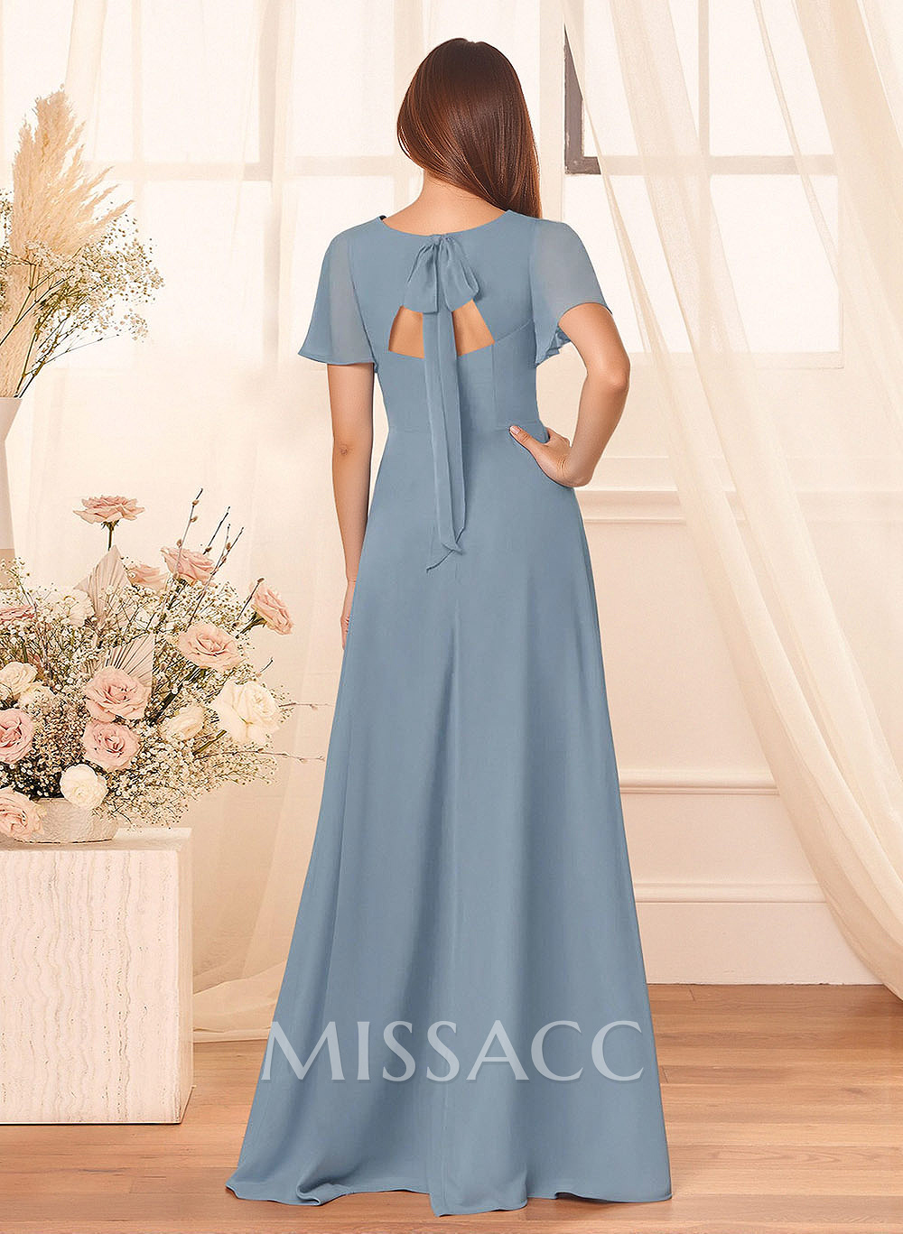 Classic V-Neck Short Sleeves Bow(s) A-Line Floor-Length Chiffon Bridesmaid Dresses With High Split Classic V-Neck Short Sleeves Bow(s) A-Line Floor-Length Chiffon Bridesmaid Dresses With High Split