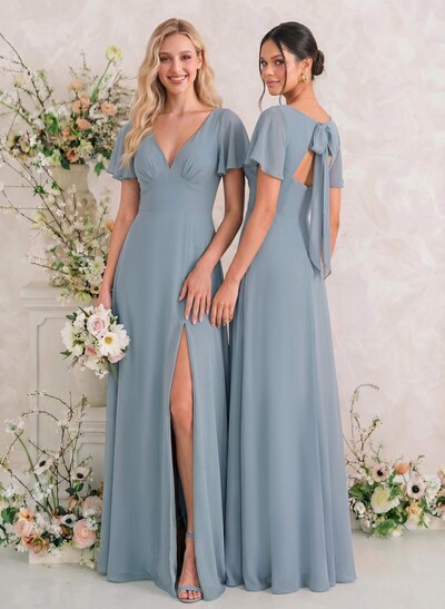 Classic V-Neck Short Sleeves Bow(s) A-Line Floor-Length Chiffon Bridesmaid Dresses With High Split