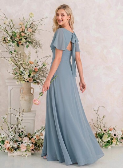 Classic V-Neck Short Sleeves Bow(s) A-Line Floor-Length Chiffon Bridesmaid Dresses With High Split