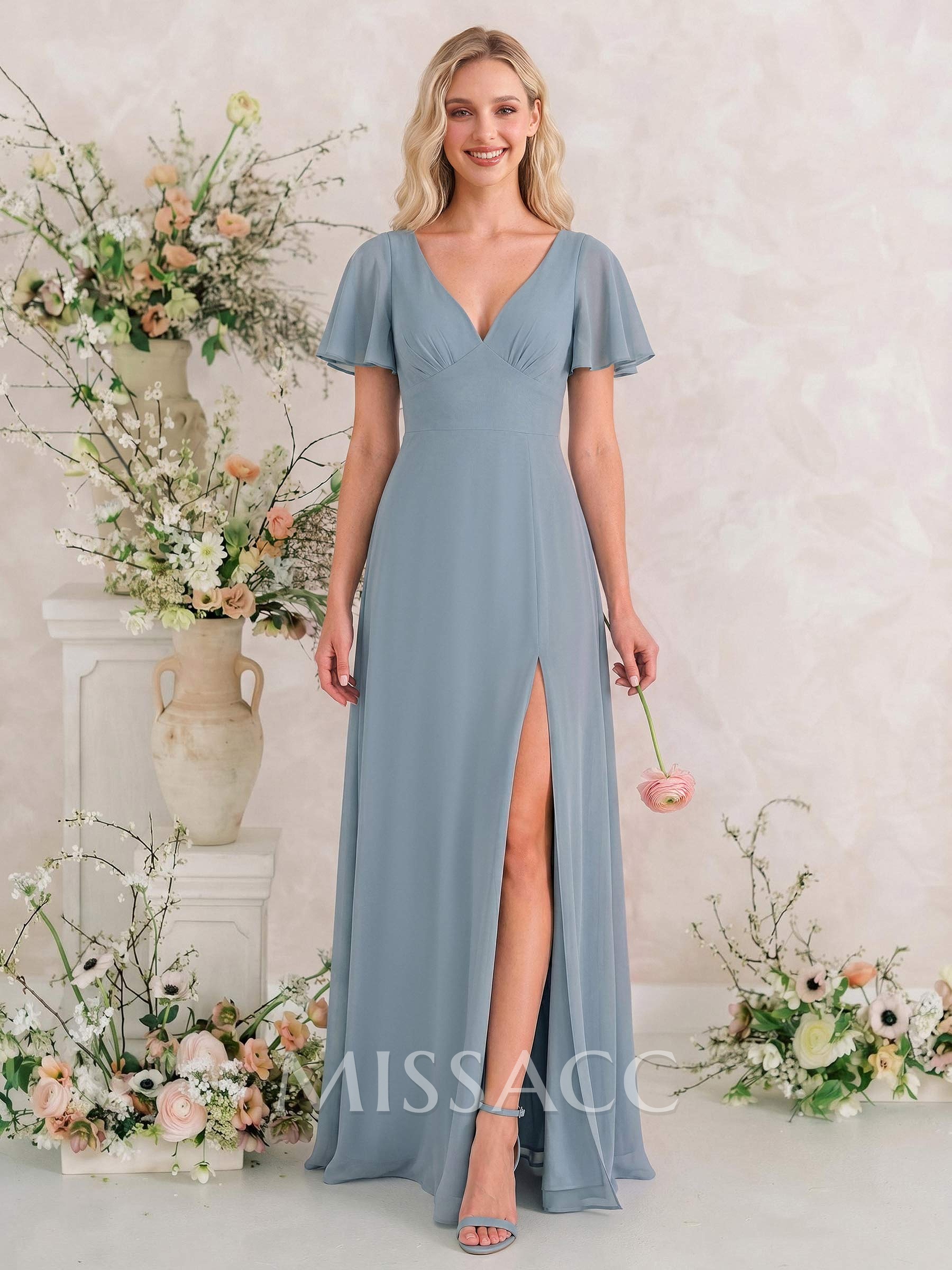 Classic V-Neck Short Sleeves Bow(s) A-Line Floor-Length Chiffon Bridesmaid Dresses With High Split Classic V-Neck Short Sleeves Bow(s) A-Line Floor-Length Chiffon Bridesmaid Dresses With High Split