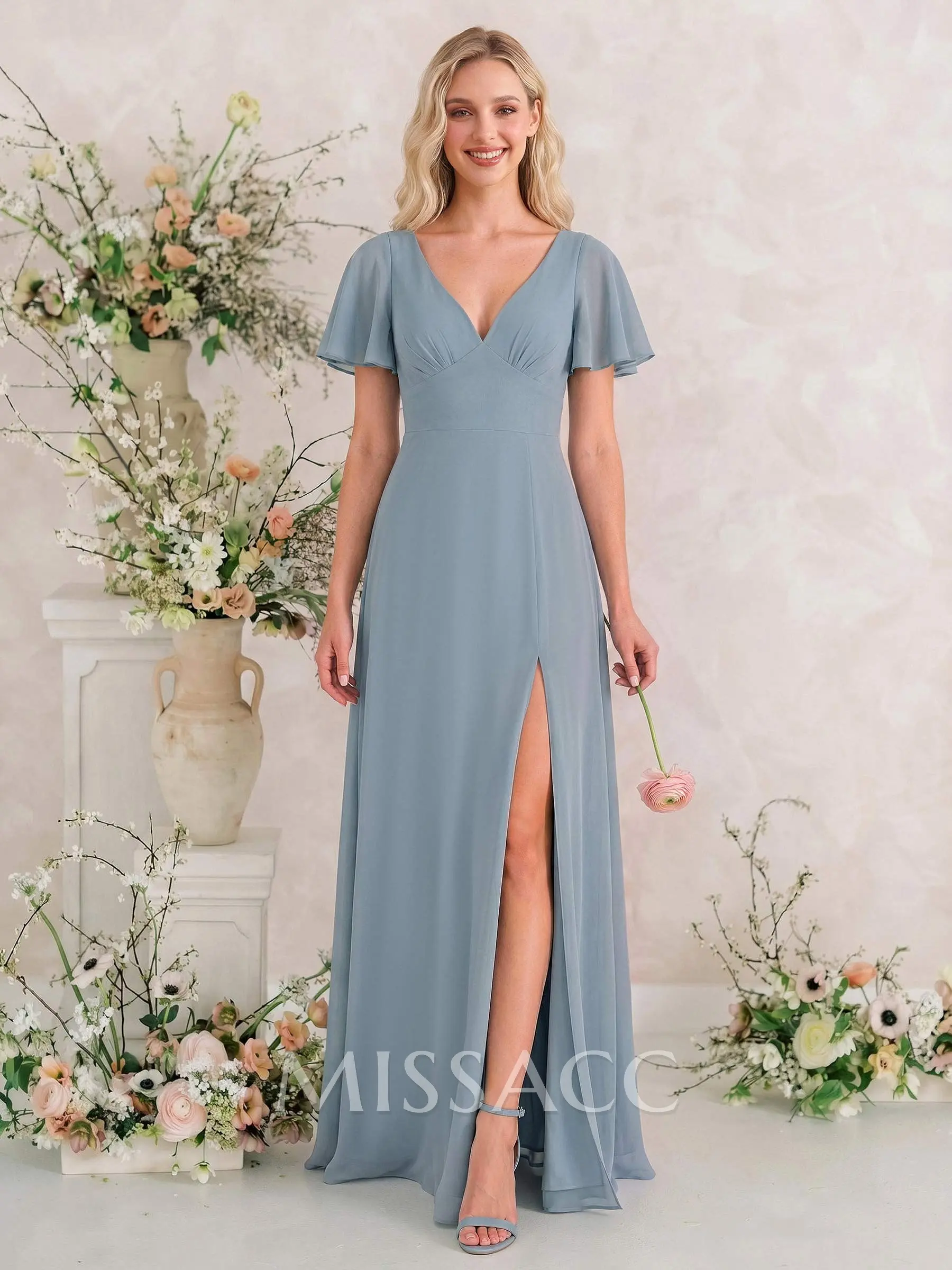 bow sleeve bridesmaid dress Classic V-Neck Short Sleeves Bow(s) A-Line Floor-Length Chiffon Bridesmaid  Dresses With High Split