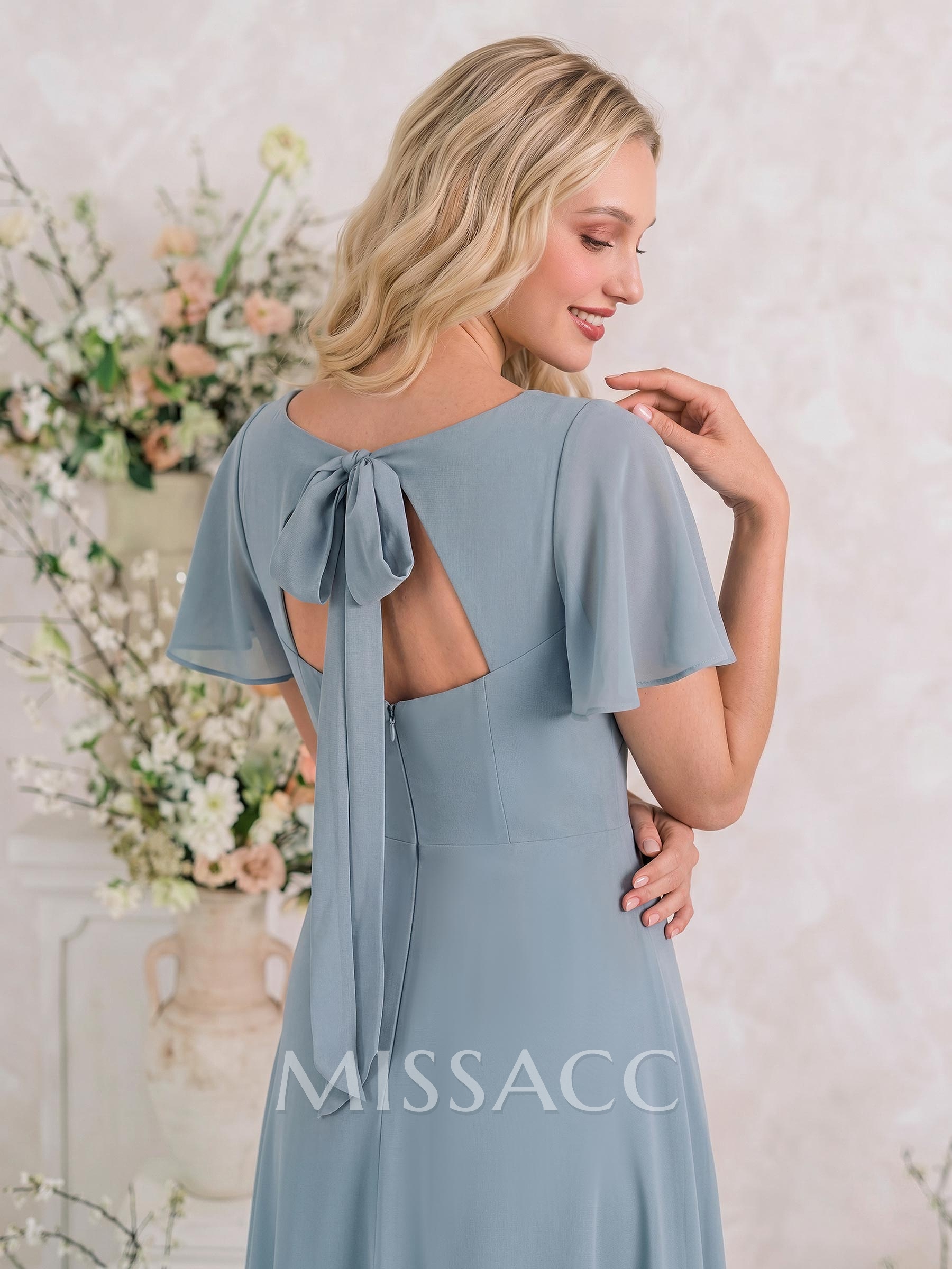 Classic V-Neck Short Sleeves Bow(s) A-Line Floor-Length Chiffon Bridesmaid Dresses With High Split Classic V-Neck Short Sleeves Bow(s) A-Line Floor-Length Chiffon Bridesmaid Dresses With High Split