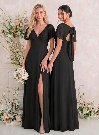Classic V-Neck Short Sleeves Bow(s) A-Line Floor-Length Chiffon Bridesmaid Dresses With High Split