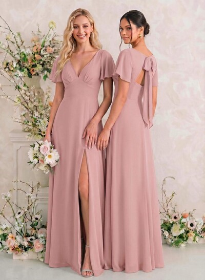Classic V-Neck Short Sleeves Bow(s) A-Line Floor-Length Chiffon Bridesmaid Dresses With High Split