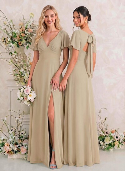 Classic V-Neck Short Sleeves Bow(s) A-Line Floor-Length Chiffon Bridesmaid Dresses With High Split