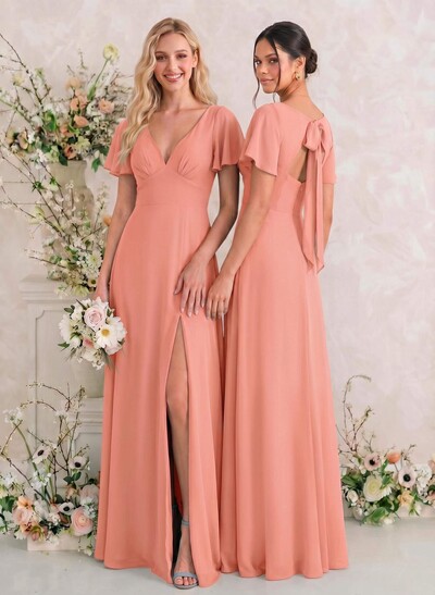 Classic V-Neck Short Sleeves Bow(s) A-Line Floor-Length Chiffon Bridesmaid Dresses With High Split