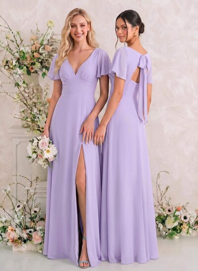 Classic V-Neck Short Sleeves Bow(s) A-Line Floor-Length Chiffon Bridesmaid Dresses With High Split