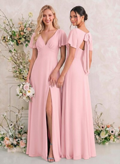 Classic V-Neck Short Sleeves Bow(s) A-Line Floor-Length Chiffon Bridesmaid Dresses With High Split