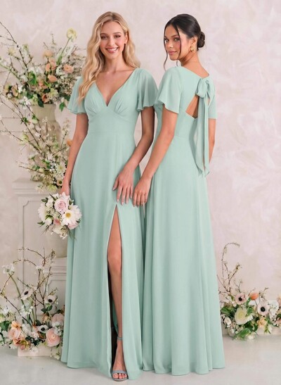 Classic V-Neck Short Sleeves Bow(s) A-Line Floor-Length Chiffon Bridesmaid Dresses With High Split