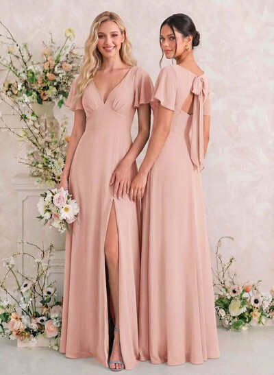 Classic V-Neck Short Sleeves Bow(s) A-Line Floor-Length Chiffon Bridesmaid Dresses With High Split