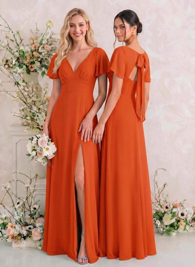 Classic V-Neck Short Sleeves Bow(s) A-Line Floor-Length Chiffon Bridesmaid Dresses With High Split