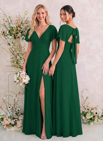 Classic V-Neck Short Sleeves Bow(s) A-Line Floor-Length Chiffon Bridesmaid Dresses With High Split