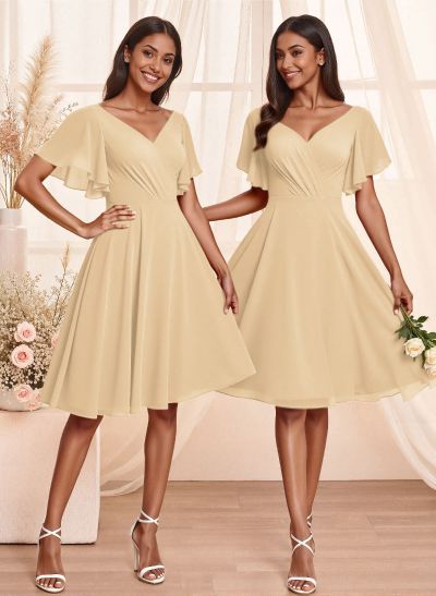 Sweet & Flow V-Neck Short Sleeves Knee-Length Chiffon Bridesmaid