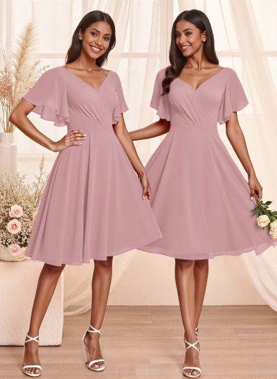 Sweet & Flow V-Neck Short Sleeves Knee-Length Chiffon Bridesmaid
