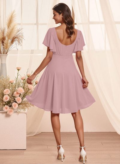 Sweet & Flow V-Neck Short Sleeves Knee-Length Chiffon Bridesmaid