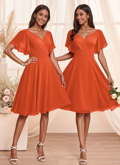 Sweet & Flow V-Neck Short Sleeves Knee-Length Chiffon Bridesmaid