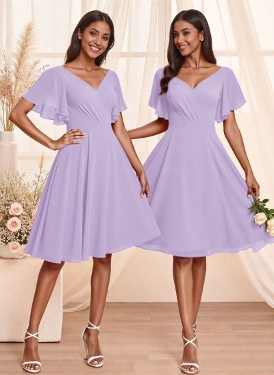 Sweet & Flow V-Neck Short Sleeves Knee-Length Chiffon Bridesmaid