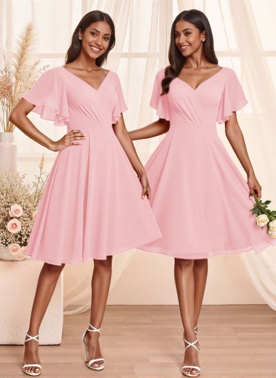 Sweet & Flow V-Neck Short Sleeves Knee-Length Chiffon Bridesmaid