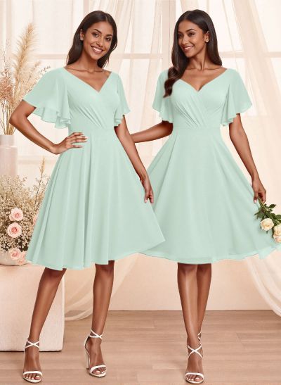 Sweet & Flow V-Neck Short Sleeves Knee-Length Chiffon Bridesmaid