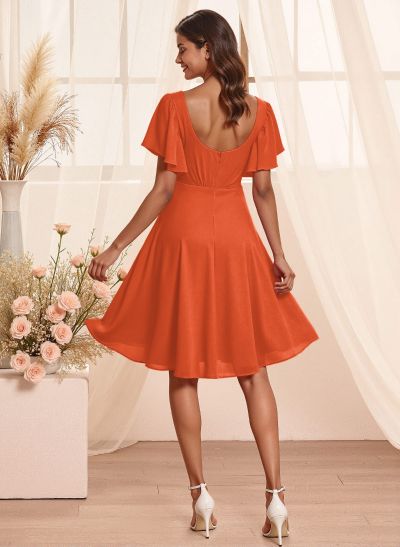 Sweet & Flow V-Neck Short Sleeves Knee-Length Chiffon Bridesmaid