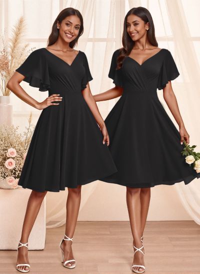 Sweet & Flow V-Neck Short Sleeves Knee-Length Chiffon Bridesmaid