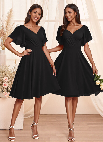 Sweet & Flow V-Neck Short Sleeves Knee-Length Chiffon Bridesmaid