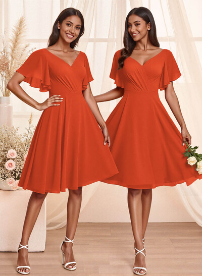 Sweet & Flow V-Neck Short Sleeves Knee-Length Chiffon Bridesmaid